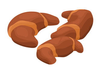 Homemade baked croissants. Traditional French puff pastry. Fresh bakery of flaky dough, flour goods with crescent shape. Breakfast eating food. Flat isolated vector illustration on white background