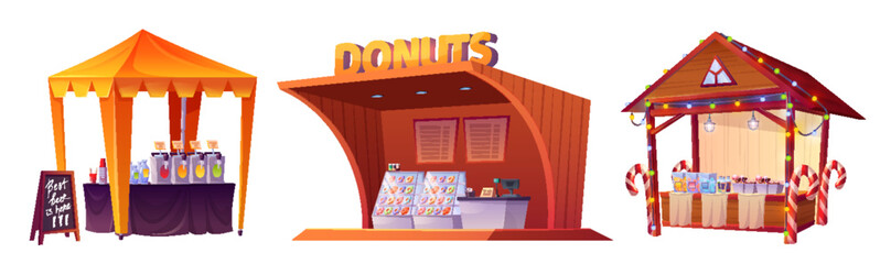Street food market and cafe with fresh donuts, candy and caramel, drinks. Cartoon vector illustration set of fun fair or city park market with fast food and beverages. Outdoor festival tent stall.