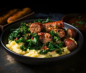 Sausage and kale mash. Generative AI.