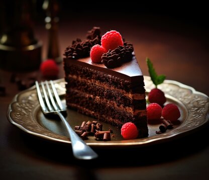 A piece of chocolate cake with raspberries and chocolate frosting. Generative AI.