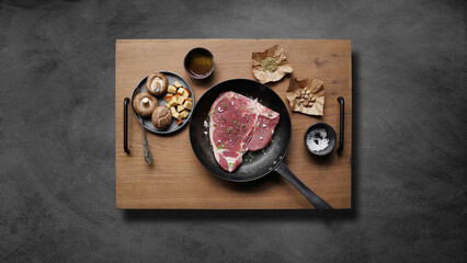 Raw beef steak with salt and herb on cutting board on dark concrete background. Raw beef steak for cooking.