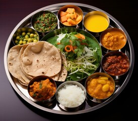An indian meal is shown on a metal tray. Generative AI.
