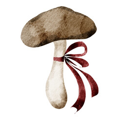 Mushroom watercolor hand drawing on white background isolate. Cartoon style illustration of a forest plant with a cute bow. For kitchen textile design and tag design for fresh food store.