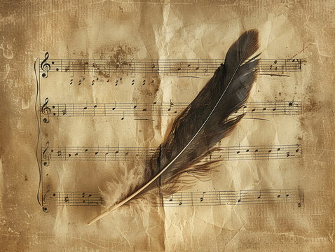 A single feather resting on a sheet of handwritten music vintage photograph style soft window light sepia tones subtle ink splotches on the music paper