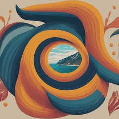 Abstract Coastal Landscape within Swirling Shapes