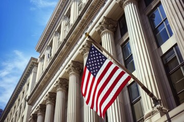 American flag displayed proudly in front of a building, american historical landmarks image