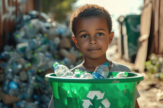 kid with green bucket with recycling symbol filled with plastic bottles and recycling