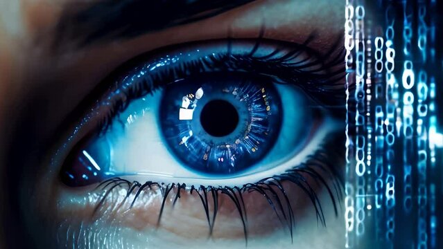 A digitally-augmented blue eye, blending the human with the technological