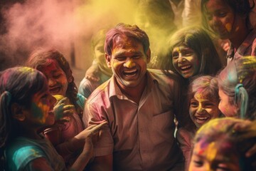 Man playing with children on indian holi festival - obrazy, fototapety, plakaty