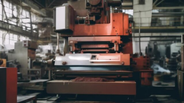 A wide view of a stamping machine inside of a factory. The machine is slowly pressing and stamping designs and logos onto sheets of steel with a wide metal stamp.
