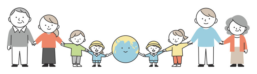 地球と手をつないでいる色々な世代の人物。地球環境の保護や平和のイメージ