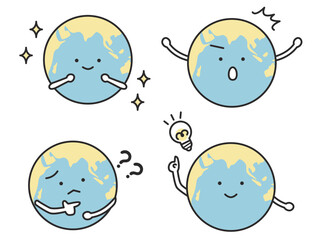 悩みや解決の表情と驚きやキラキラした表情の地球のキャラクター