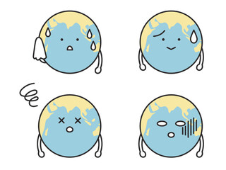汗をかいたり疲れた表情の地球のキャラクター