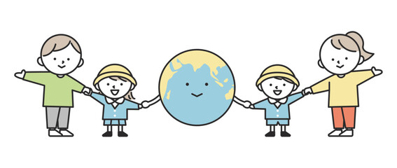 地球と手をつなぐ子供たち。地球環境保護や平和な未来のイメージ