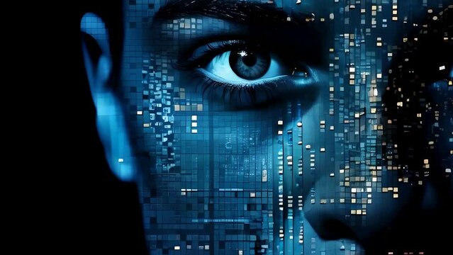 Human eye amidst blue digital pixels, depicting tech-human integration