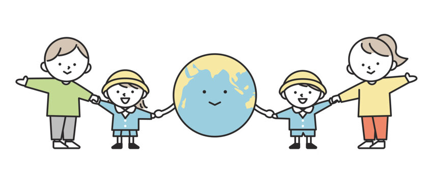 地球と手をつなぐ子供たち。地球環境保護や平和な未来のイメージ