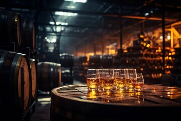 Whiskey glasses on a barrel in a distillery