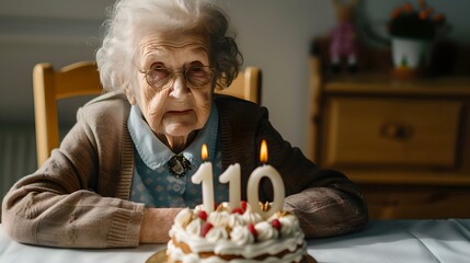 Elderly woman celebrating 110th birthday with a cake. joyful longevity, special milestone. senior life moments. AI