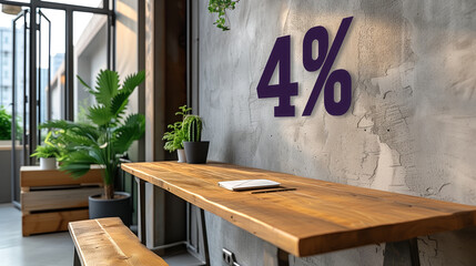 3d number 4% in subtle lavender on a office wall