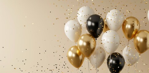 happy birthday background with realistic balloon and golden confetti