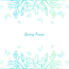 Vector frame illustration with blue flowers and butterflies