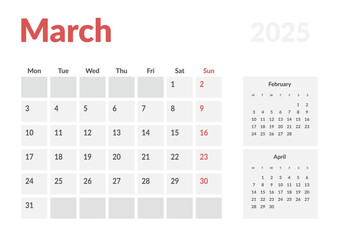 Fototapeta na wymiar Calendar Template of March 2025. Vector layout simple calendar with week start Monday.