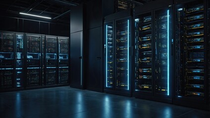 Modern Data Technology Center Server Racks in Dark Room with VFX, Visualization Concept of Internet of Things, Data Flow, Digitalization of Internet Traffic, Complex Electric Equipment Warehouse 