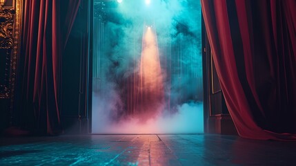 Mystical stage with smoke and lights. a gateway to fantasy. vibrant theatrical backdrop setting the scene. AI - obrazy, fototapety, plakaty
