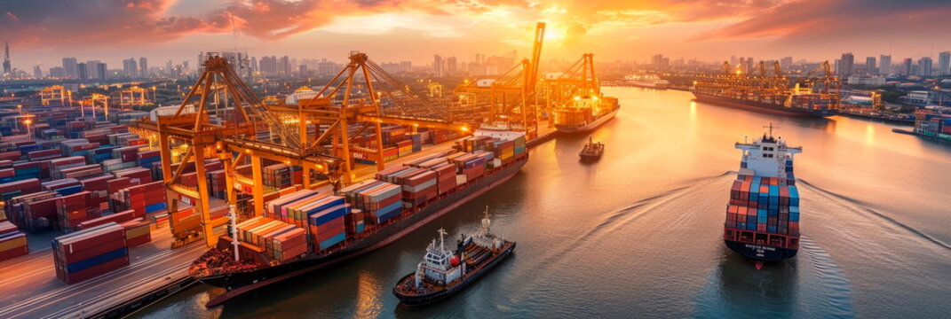 busy harbor with cargo containers, ships and loading equipment in an industrial setting. Generative AI