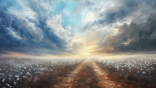 Stunning ai-generated landscape with a radiant sunrise over a field of flowers. ideal for background and nature themes. AI