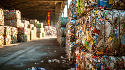 Fototapeta premium Stacked Plastic Bottles at Garbage Processing Plant