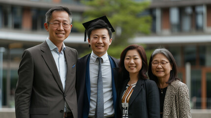 Graduate Smiling with Family at Commencement Day. A graduate in academic regalia joyfully celebrates with her family on commencement day outside.