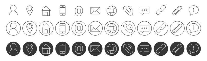 Web and mobile icon set, line style. Website contact info icons for registration, resume, design, social media. Chat, link, paper clip, message, phone, person. Vector illustration