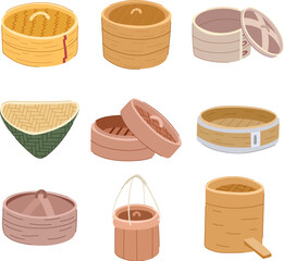 bamboo steamer set cartoon vector illustration