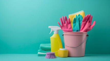 Colorful cleaning supplies in a pink bucket on a teal background. bright, fresh and ready for spring cleaning. clean home concept. AI