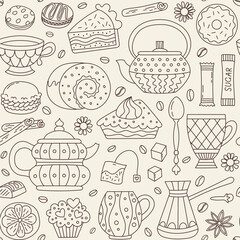 Seamless pattern with tea, coffee, pastries and sweets. Doodle style vector. - 735750755