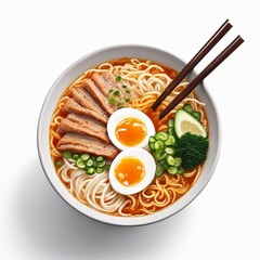 A bowl of japanese ramen soup with noodles, mushrooms, marinated egg and vegetables, top view angle