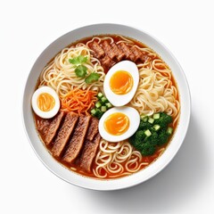 A bowl of japanese ramen soup with noodles, mushrooms, marinated egg and vegetables, top view angle