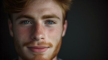 Fototapeta premium Portrait of a young red-haired man with a confident smile. ideal for advertising and design projects. expressive and modern photography. AI