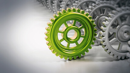 Gear in motion stands out among other cogwheels. 3D illustration