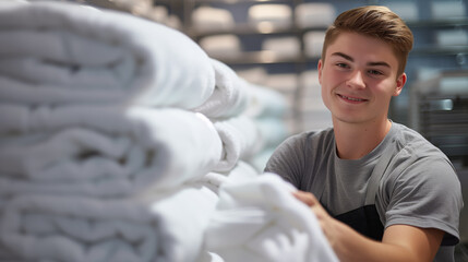 Service staff, in the laundry room with clean white linen smiles, hotel service