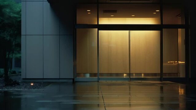 The dimly lit entrance to an office building with a single bulb above the door emitting flickering light that reflects off the wet pavement. d