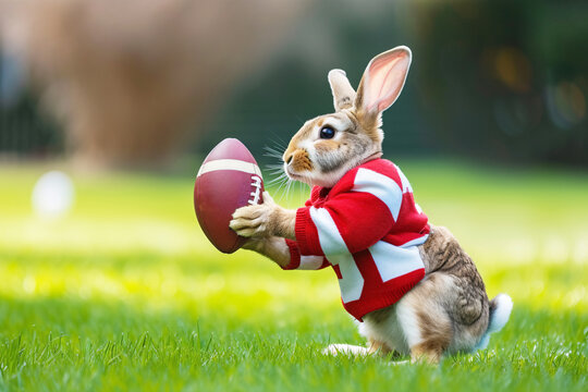 An Easter bunny in a jersey standing on a green meadow and holding an egg-shaped football