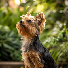 Adorable Yorkie with a shiny fur, playfully posing in a lush garden