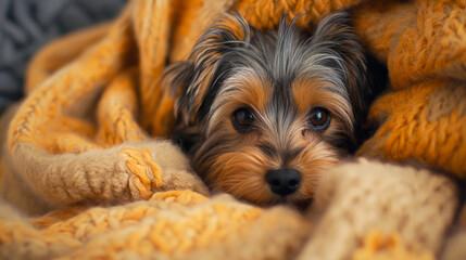 Yorkie puppy snuggled in a cozy blanket, big expressive eyes gazing at the camera