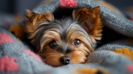 Yorkie puppy snuggled in a cozy blanket, big expressive eyes gazing at the camera