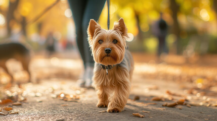 Yorkie on a leisurely walk against the backdrop of a bustling city park