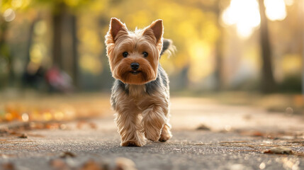 Yorkie on a leisurely walk against the backdrop of a bustling city park