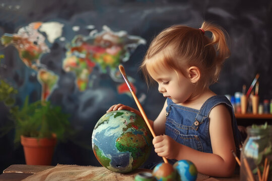 a little girl artist is painting earth globe
