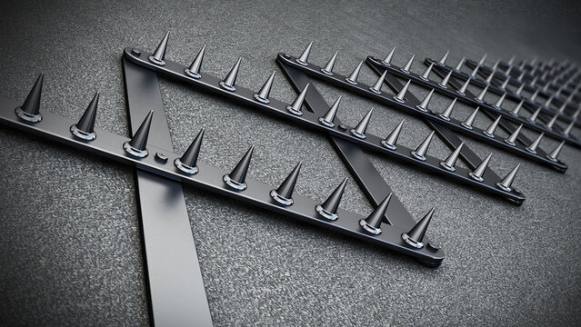 Road spike or tire trap on asphalt background. 3D illustration